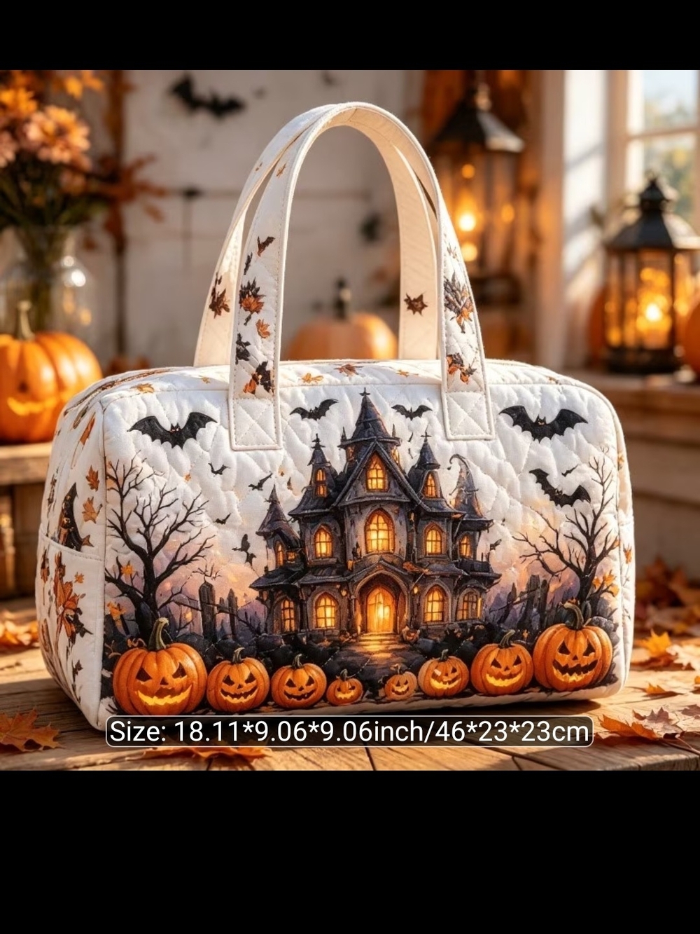 Halloween Pumpkin Haunted House Quilted Tote Bag - White/Orange